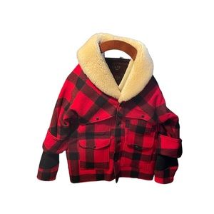 Vintage Black and Red Plaid Filson Macinaw Packer Coat with Shearling Collar.